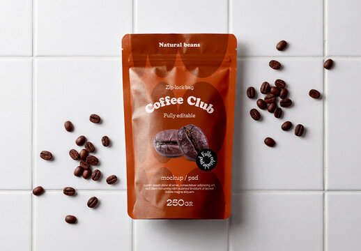 Coffee Bean Bag Mockup on Tile Surface