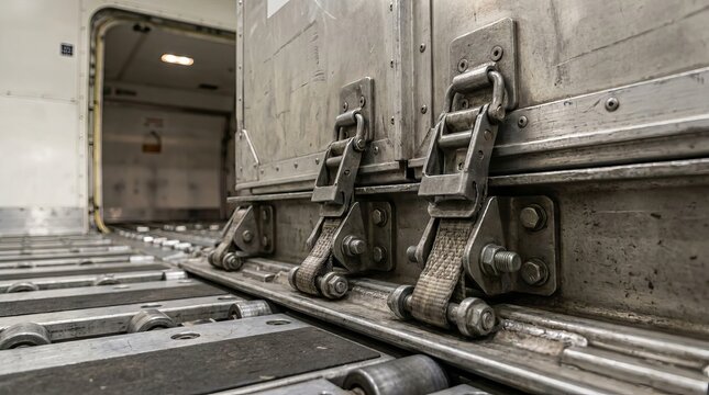 Interior view of a cargo aircraft main deck with secured containers and roller floor system.