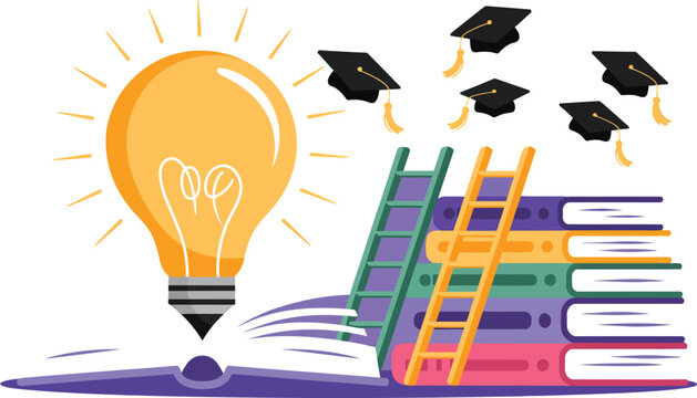 Educational concept with glowing lightbulb and graduation caps on books education knowledge lightbulb graduation university learning academic intelligence training research literacy