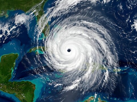 Satellite view of a powerful tropical hurricane spinning over the ocean near coastal landmasses with hurricane, satellite