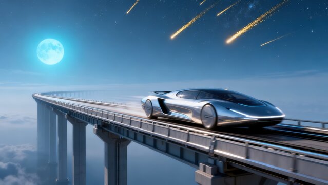 Futuristic car on elevated bridge