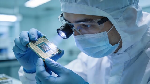 Scientist inspecting microchip in lab