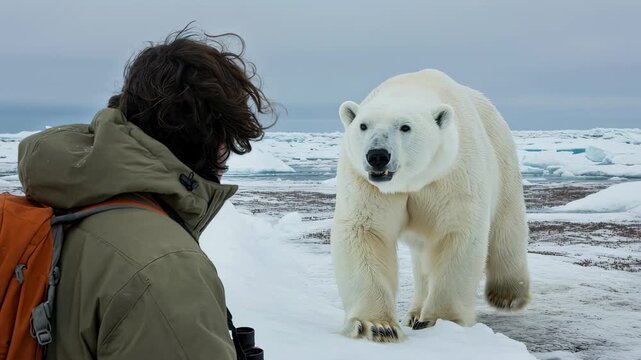 Scientist observing polar bear in arctic region. Researcher studying wildlife in cold habitat. Biologist encountering predator on melting ice during climate field.