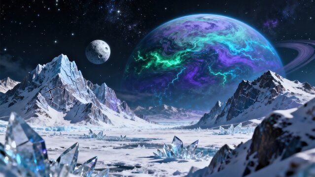 Frozen alien landscape with colorful planet