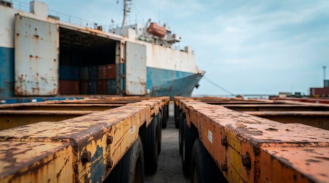 Large cargo ship with open ramp at industrial port with trailer chassis in foreground.