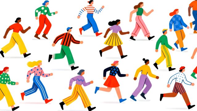 Colorful people running in various outfits