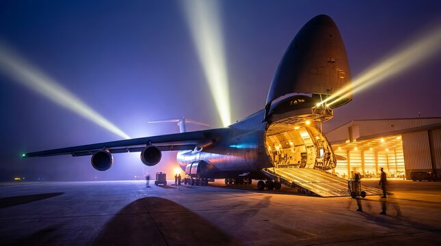 Large cargo aircraft with open nose door at night under spotlights.