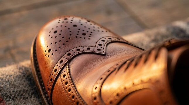 Close up of a brown leather brogue dress shoe with intricate perforated detailing.