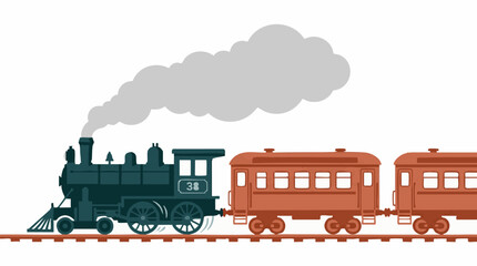 Classic steam locomotive with passenger wagons on tracks, flat design illustration © Colorwave Studio