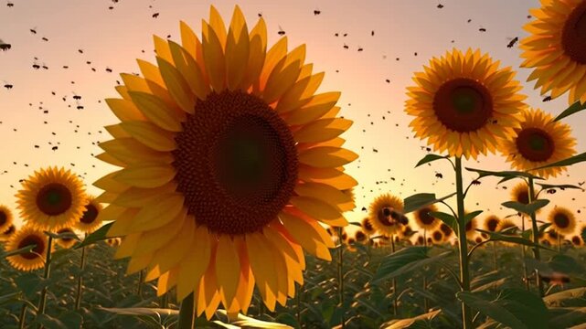 sunflower field in summer with bright yellow sunflowers and nature garden blossoms