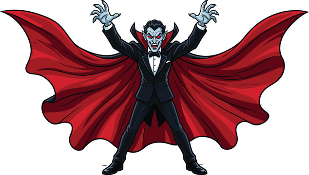 Scary vampire Dracula character with flowing red cape Halloween fantasy cartoon vector illustration isolated on white background