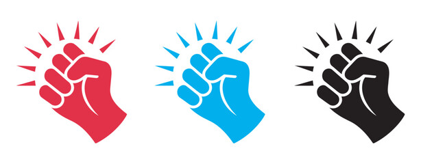 Knocking fist icon vector set, hitting outline graphics and impact gesture symbols in red blue black for action concept design © vision Alamin vai A