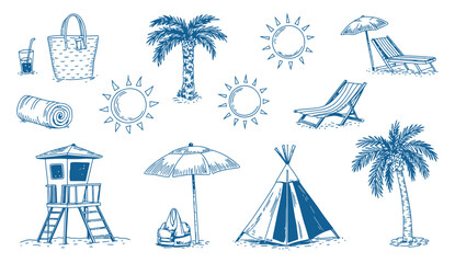 Beach lounge chair illustration vector set, hammock umbrella and boho teepee tent coastal picnic elements for summer vacation design © vision Alamin vai A