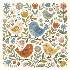 Obraz premium adorable birds surrounded by stylized folk flowers and leaves, soft muted palette, minimal decorative folk art style for children