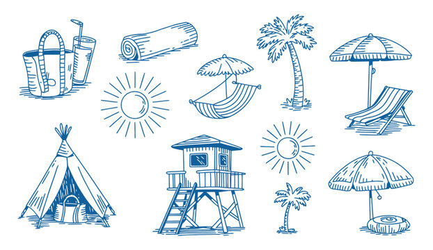 Beach lounge chair illustration vector set, hammock umbrella and boho teepee tent coastal picnic elements for summer vacation design