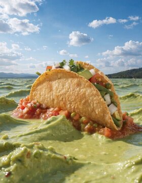 Playful surreal hard shell taco floating on guacamole sea with salsa waves tropical beach food photography creative environment vibrant viewpoint
