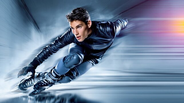 Fast speed inline skater leaning into a sharp turn with colorful light trails