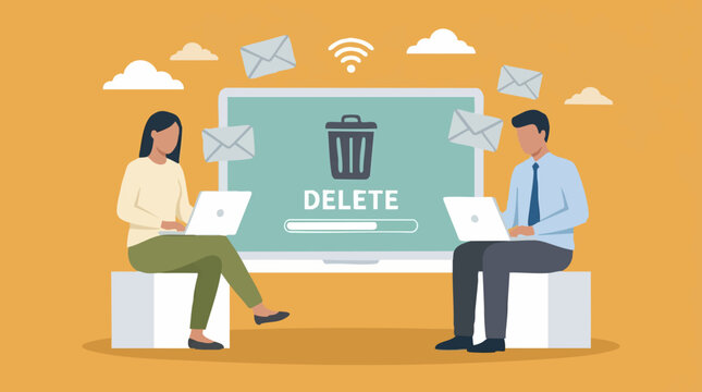 Digital Data Cleanup Concept: People Deleting Emails on Laptops