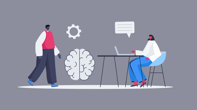 Flat design of a businessman and coworker are in front of his office, brainstorming about customer's statistical data and company growth in a meeting