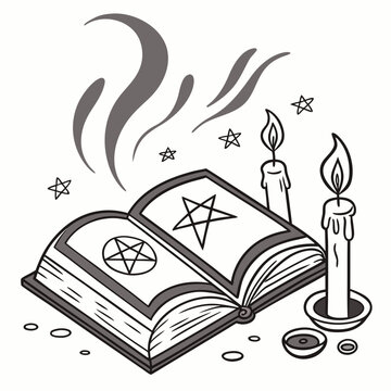 Magic spell book with pentagram symbols and burning candles illustration