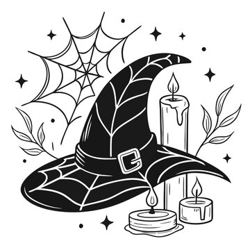 Halloween witch hat with spider web and candles line art illustration, halloween