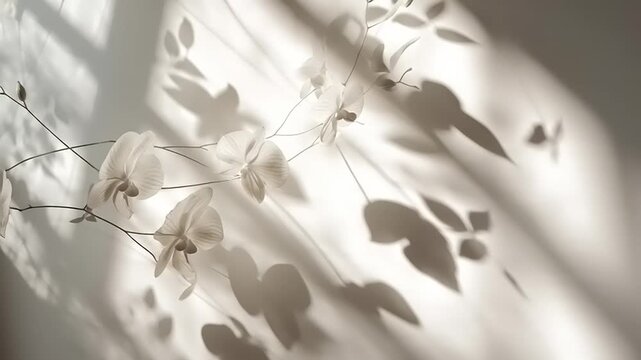 Minimalist cinematic composition of orchid shadows drifting across a wall