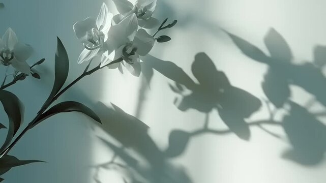 A serene and minimalist ultra seamless loopable video captures orchid flowers with leaves and shadows on a wall in a natural setting.