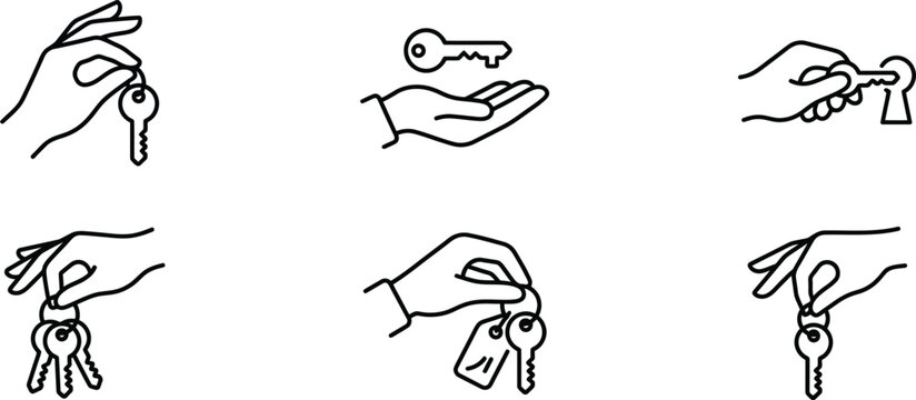 Set of hand holding and giving keys line icons