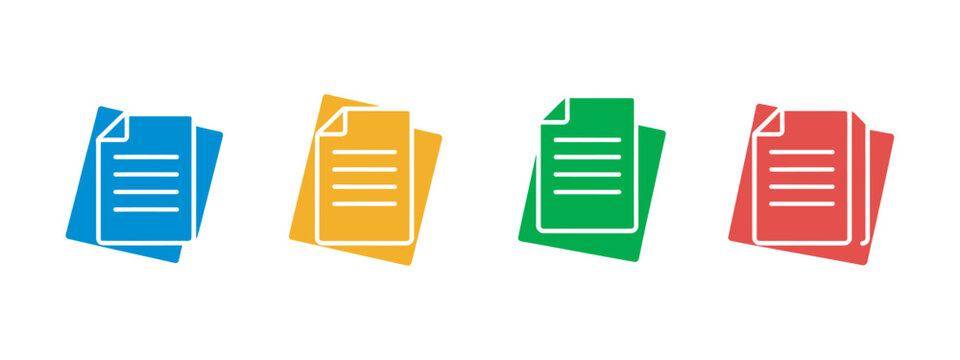 Document icon vector set, multiple style color collection for file, report, paper and office document design concepts
