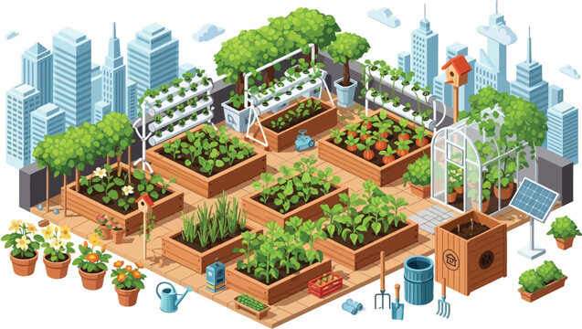 Rooftop urban garden with raised beds and hydroponic systems in a city setting, isometric vector illustration design