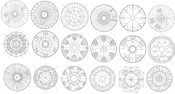 Set of circular architectural floor plan sketches and technical engineering diagrams for construction and urban design projects