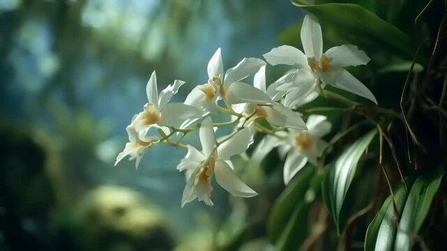 A serene cinematic shot of white flowers swaying gently in a tropical forest environment with lush green leaves and blurred background