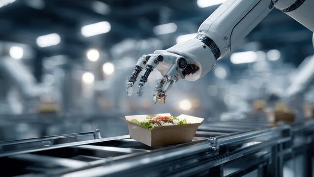 Automated robotic arm packaging fresh meal boxes in high-tech food factory environment for efficient industry automation