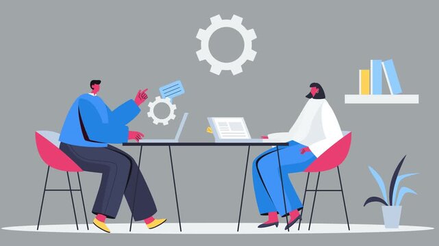 Flat design of a businessman and coworker are in front of his office, talking about customer's statistical data and company growth in a meeting