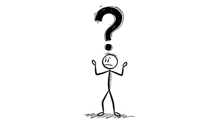 A stick figure stands with arms outstretched and a large question mark hovering above its head, symbolizing confusion or uncertainty. © Grangger
