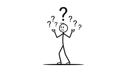 A stick figure stands with its arms outstretched and a confused expression, surrounded by multiple question marks, symbolizing uncertainty and indecision. © Grangger