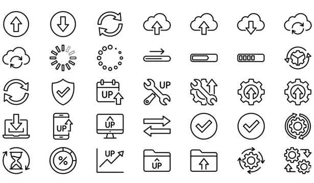 25 outline stroke icons set for update upgrade progress bar and install vector concepts