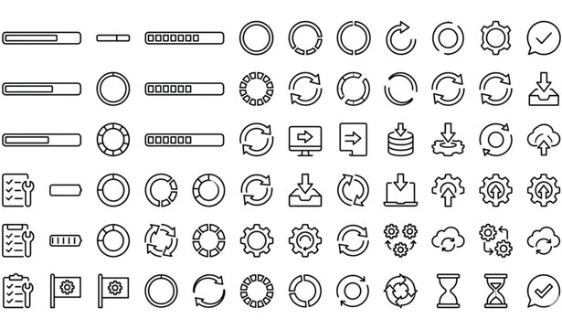 Minimal outline stroke icon set for update install and progress bar vector design