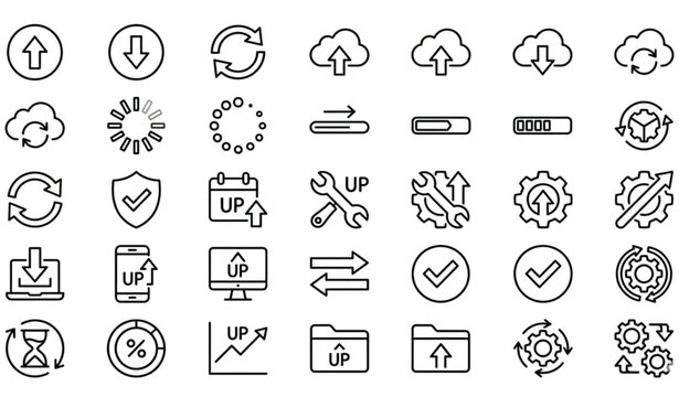 Modern outline update and install icon collection with progress vector illustrations