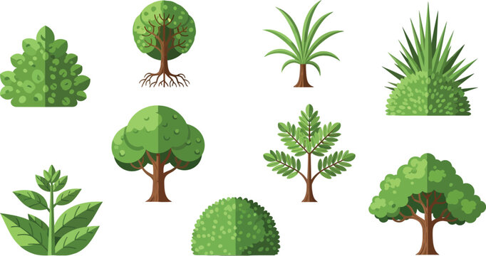 Set of various green trees and bushes in flat vector style for landscape design and nature illustration