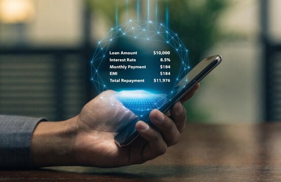 Interactive holographic loan calculator interface displaying emi monthly payment on smartphone modern home office digital finance concept