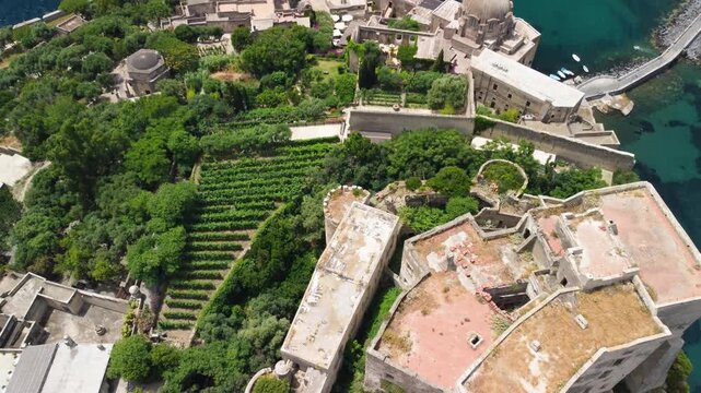Wide aerial panorama of Aragonese Castle and Ischia coastal