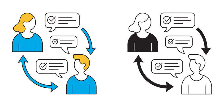 Communication feedback loop icon set vector, person icons teamwork collaboration dialogue exchange process flow illustration isolated background design