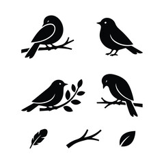 Artistic bird silhouettes on leafy stems and branches © ADURI