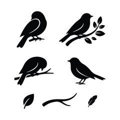 Fototapeta premium Elegant bird silhouette set with foliage and branches