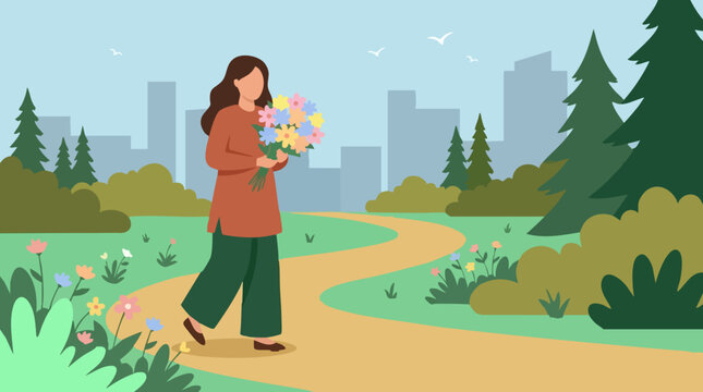 Flat illustration of a woman carrying flowers on a path in an urban park