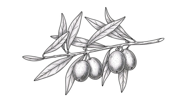Olive fruits and leaves classic olive tree etching study isolated on a transparent background, olive tree study