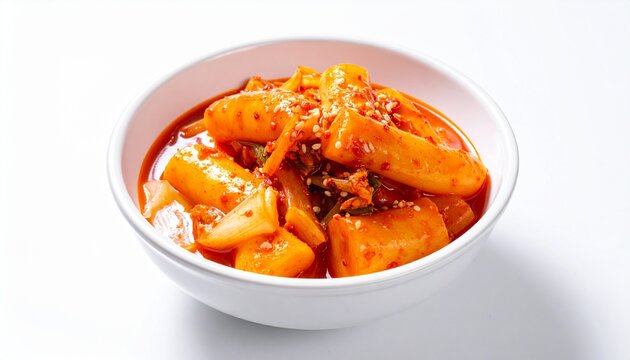 Realistic front-view spicy tteokbokki in small white bowl, white background, soft lighting, ultra realistic food photo.