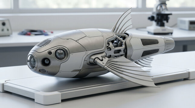 Bionik Bioroboter Biodrone Unterwasser Suchroboter Fisch mit KI Chip. Bionische Unterwasser-Drohne im Forschungslabor. Biomechanisch. 
