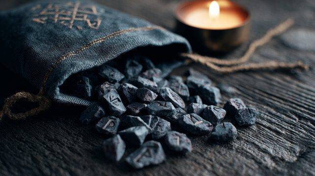 Carved dark stone runes spilling from indigo linen drawstring pouch beside lit tea light candle on dark oak table for witchcraft Samhain and divination campaigns
